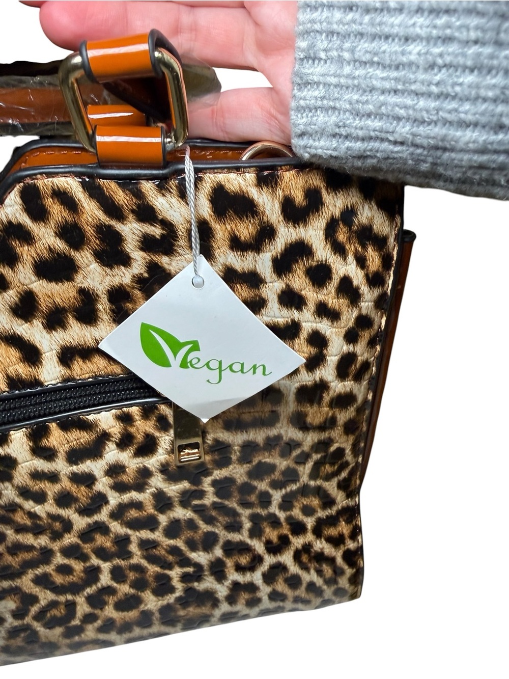 NWT Vegan Patent Leather Leopard Print Satchel Handbag - Picture 9 of 14
